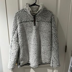 Sherpa white gray color with dark roots leather zip detail quarter zip